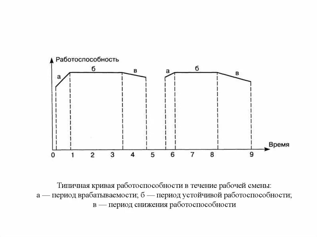 Какая стадия работоспособности. Понятие «работоспособность». Кривая работоспособности.. Типичная кривая работоспособности в течение рабочей смены. Физиологическая кривая работоспособности. Кривая работоспособности фазы.