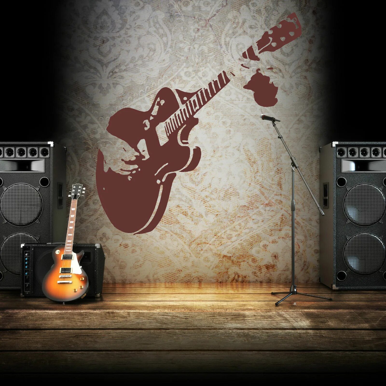 Гитара в интерьере. Роспись стен в музыкальном стиле. Гитара в комнате. Гитара в интерьере. Гитара на стене в интерьере.