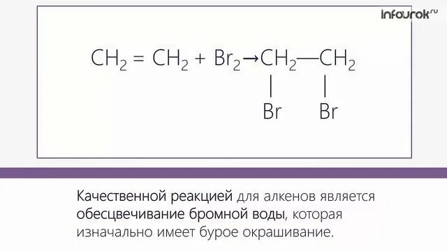 Алкены с бромной водой реакция. Обесцвечивание бромной воды Алкены. Реакция алкенов с бромной водой. Реакция алкена с бромной водой.