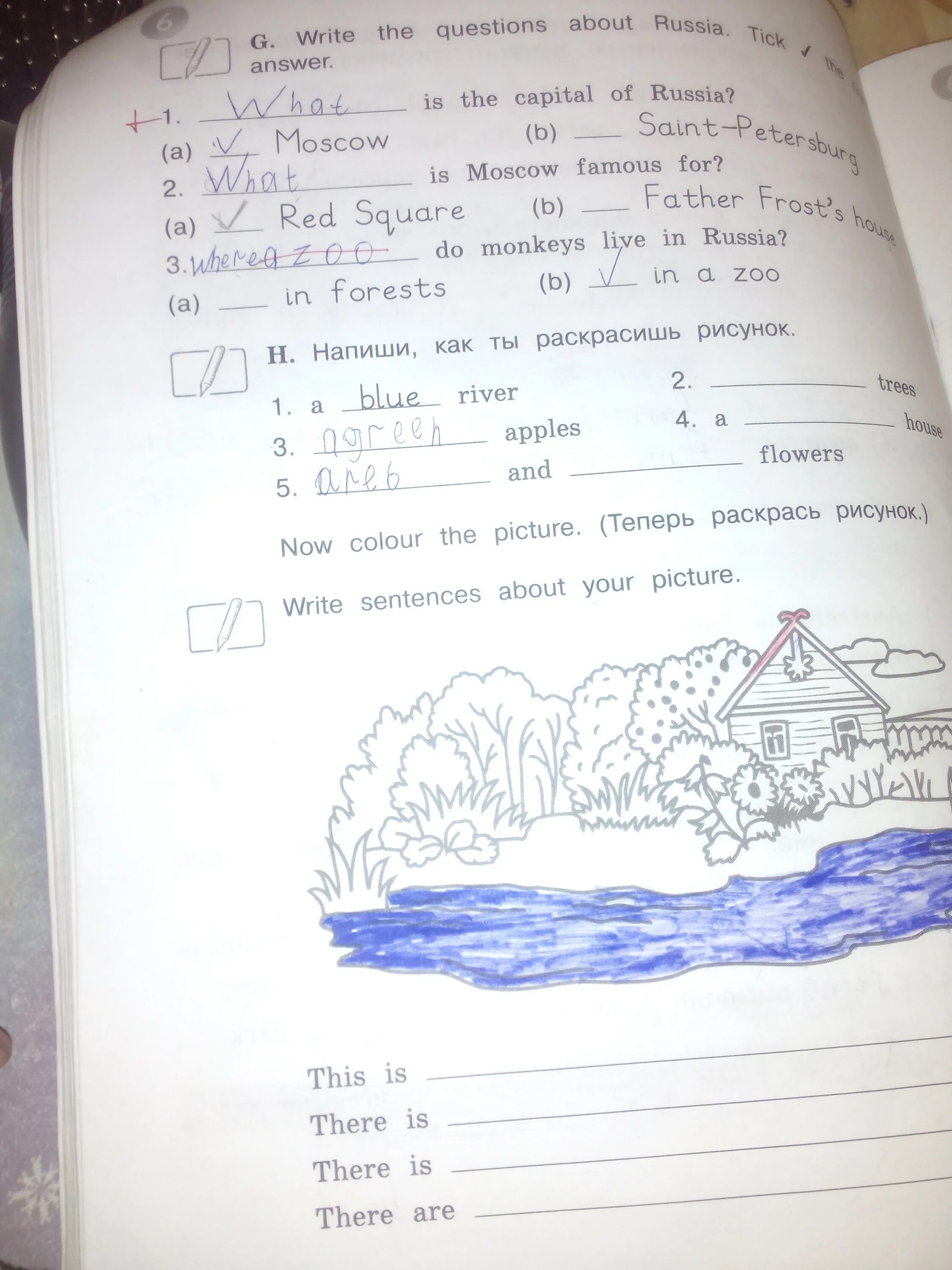 Tick the questions. Tick the right answer. Questions about Russia. Write. Questions about Moscow.
