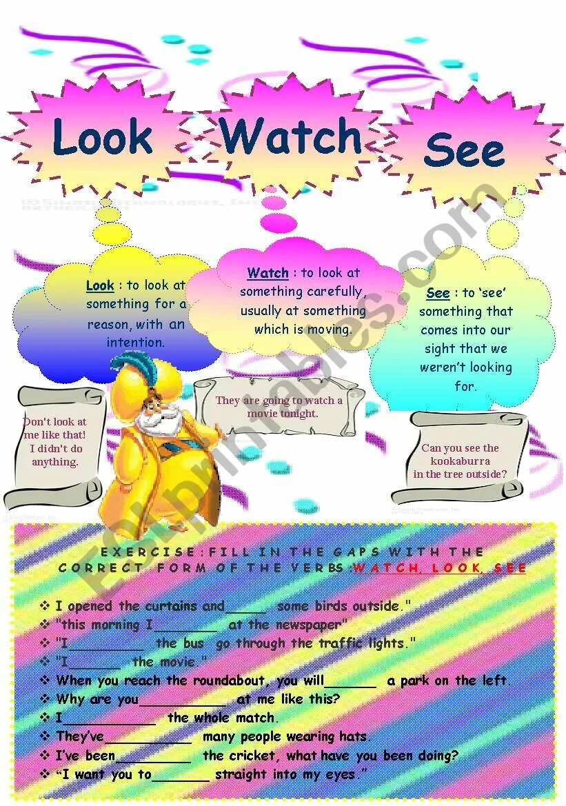 Look see exercise. Разница глаголов see watch look. look see watch разница. употребление see look watch. look watch see разница worksheets.