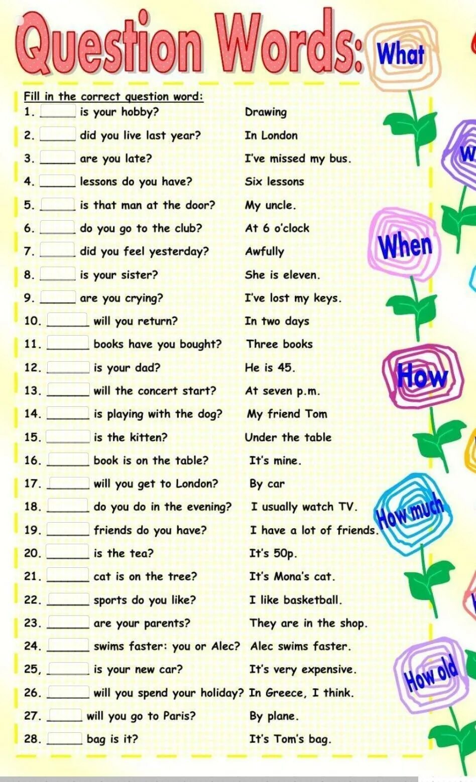 Choose the correct question word. Question Words.