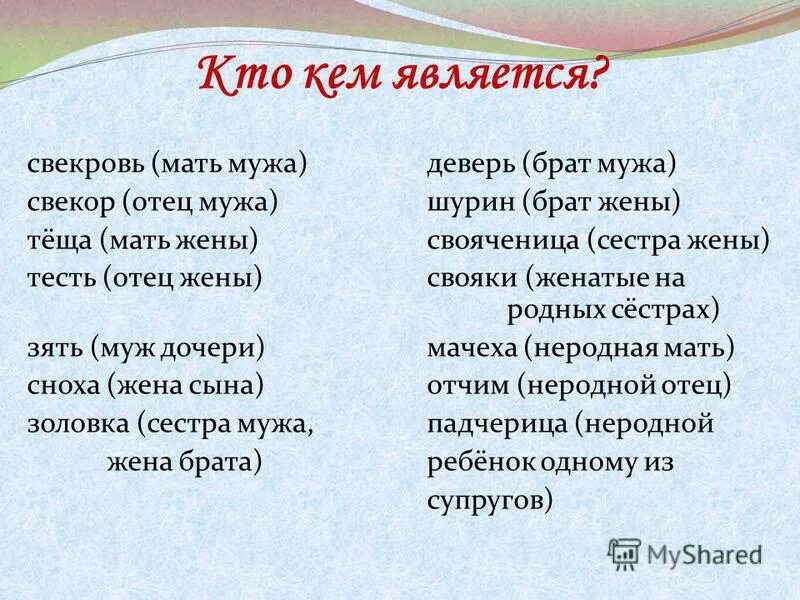 Как называют жену брата для брата. Кем является жена брата. КПМ является брат мужа жене. Кем является родная сестра жены для мужа. Шурин деверь Свояк золовка.