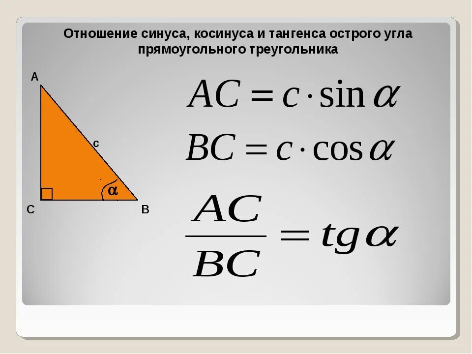 Стороны треугольника через синус и косинус. Как находить стороны через синусы и косинусы. Сторона прямоугольного треугольника через синус. Отношение синуса к косинусу. Тангенс любого острого угла меньше единицы средняя