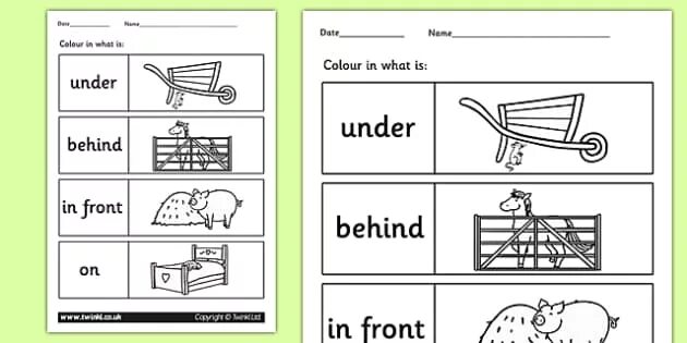 On in under behind next to worksheet. On in under behind in front of worksheets. in front of behind worksheets. in on under next to worksheets. in on under behind worksheets.