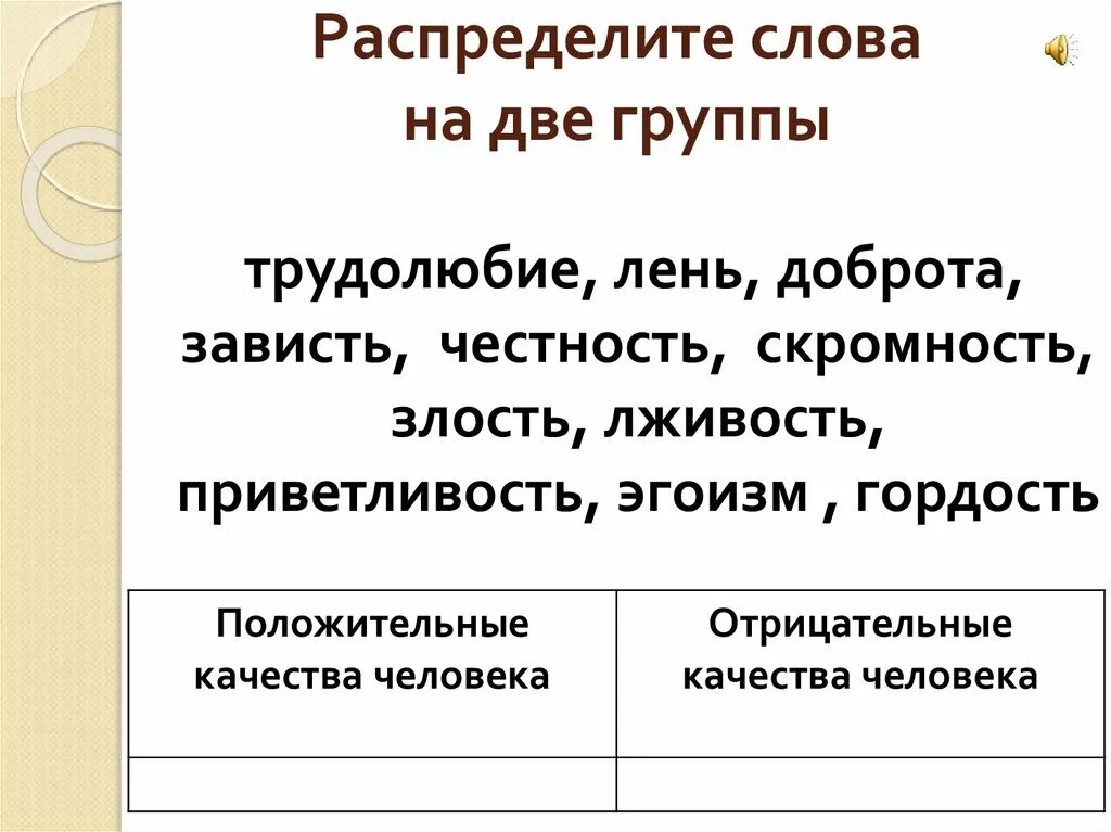 Распредели слова 2 группы. Распредели слова на две группы:нежность,зависть. Характеристика к словам лень и трудолюбие. Распредели слова на две группы честность вранье откровенность.