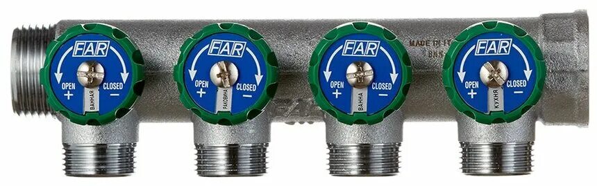 проходные регулирующий коллектор far. 1/2" нр. Far регулирующий проходной коллектор вр-нр 1 с 4 отводами 3/4 fk 3824 134. коллектор 1 (нр-вр) с 2 отв. регулирующий коллектор far fk 3821 134tp 1x3/4" с 2 отводами.