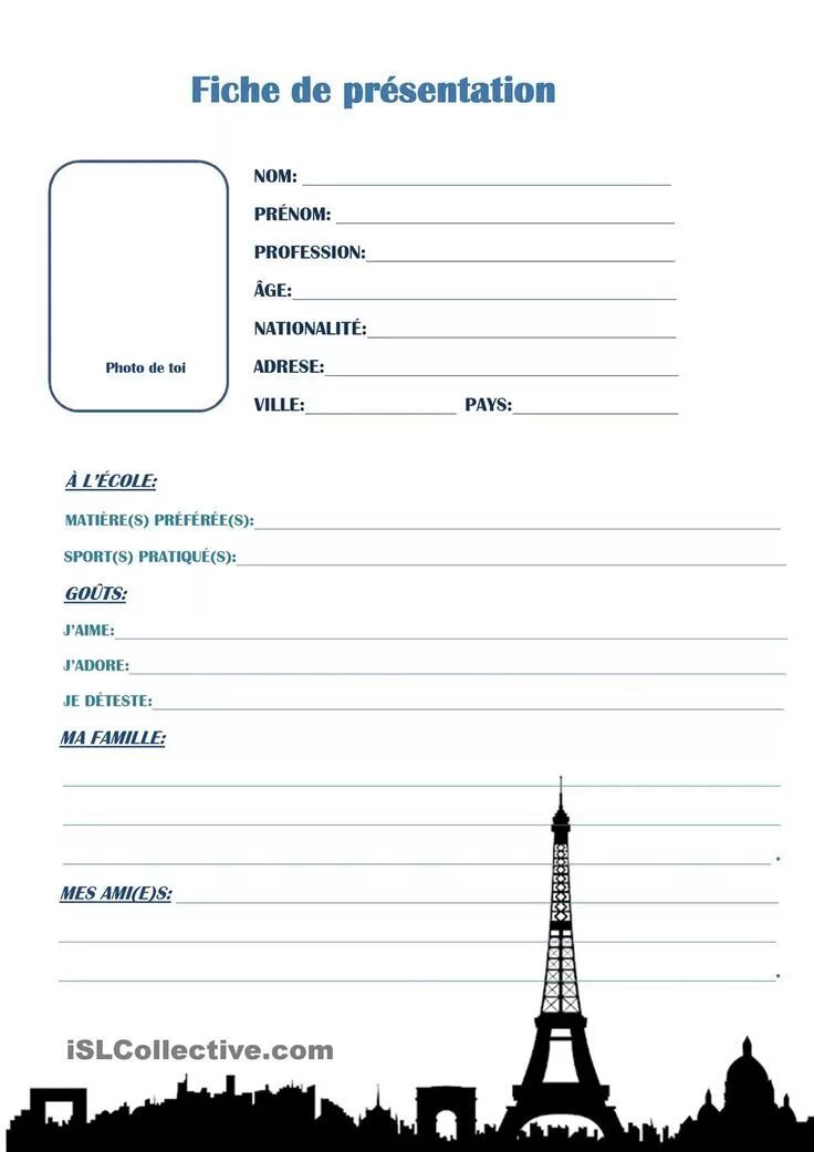 Pdf en francais. Fiche de presentation. nom и prenom во французском. presentation francais. se presenter.