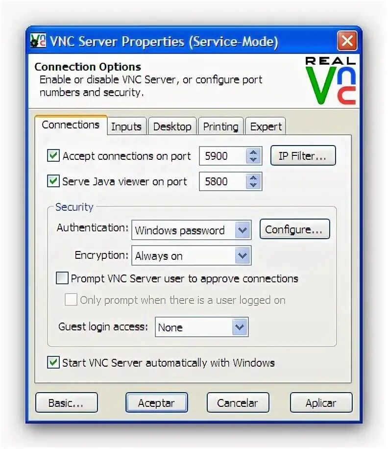 Server options. Vnc viewer порт по умолчанию. vnc server windows. realvnc системные требования. realvnc server масштабирование.