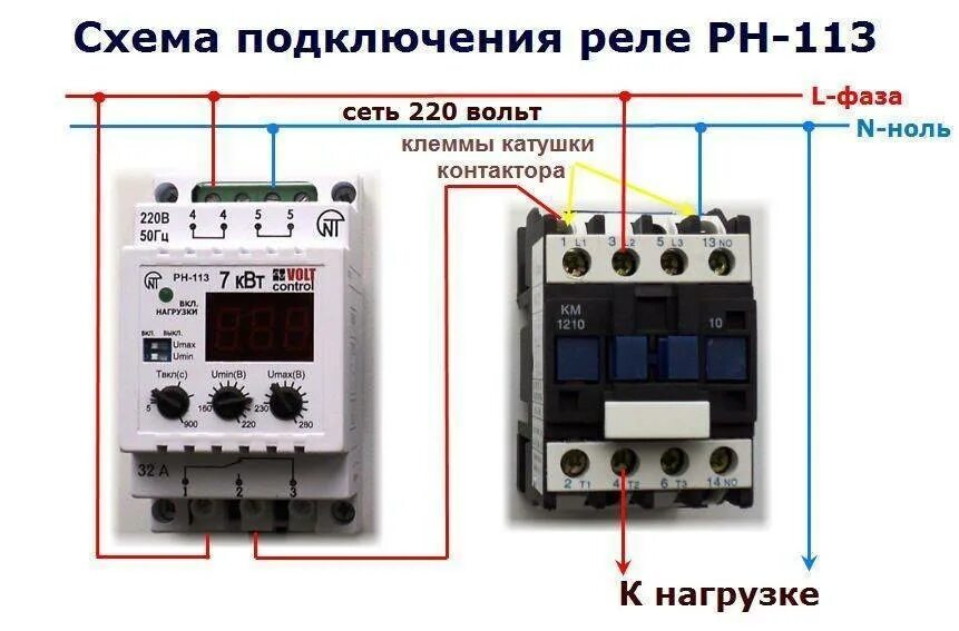 Реле контроля напряжения 220в схема. Пускатель электромагнитный 220в однофазный схема подключения. Подключить реле напряжения РН-113. Реле контроля напряжения 3 фазы схема установки.