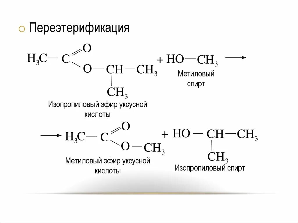 Реакция уксусной кислоты и метилового спирта. Переэтерификация сложных эфиров механизм. Реакция переэтерификации сложных эфиров. Механизм реакции переэтерификации. Переэтерификация жиров реакция.
