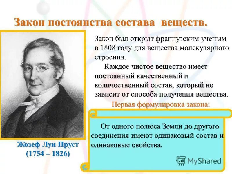 Жозеф Луи Пруст закон постоянства состава вещества. Закон постоянства состава вещества (Пруст, 1806 г.):. Аконпостоянства состав. Закон постоянства состава в химии. Сайт который был открыт