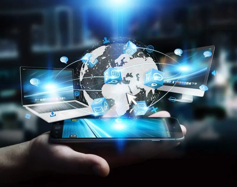 Technical devices. Tech devices. connected tech splash. tech devices and icons connected to digital planet earth premium photo.