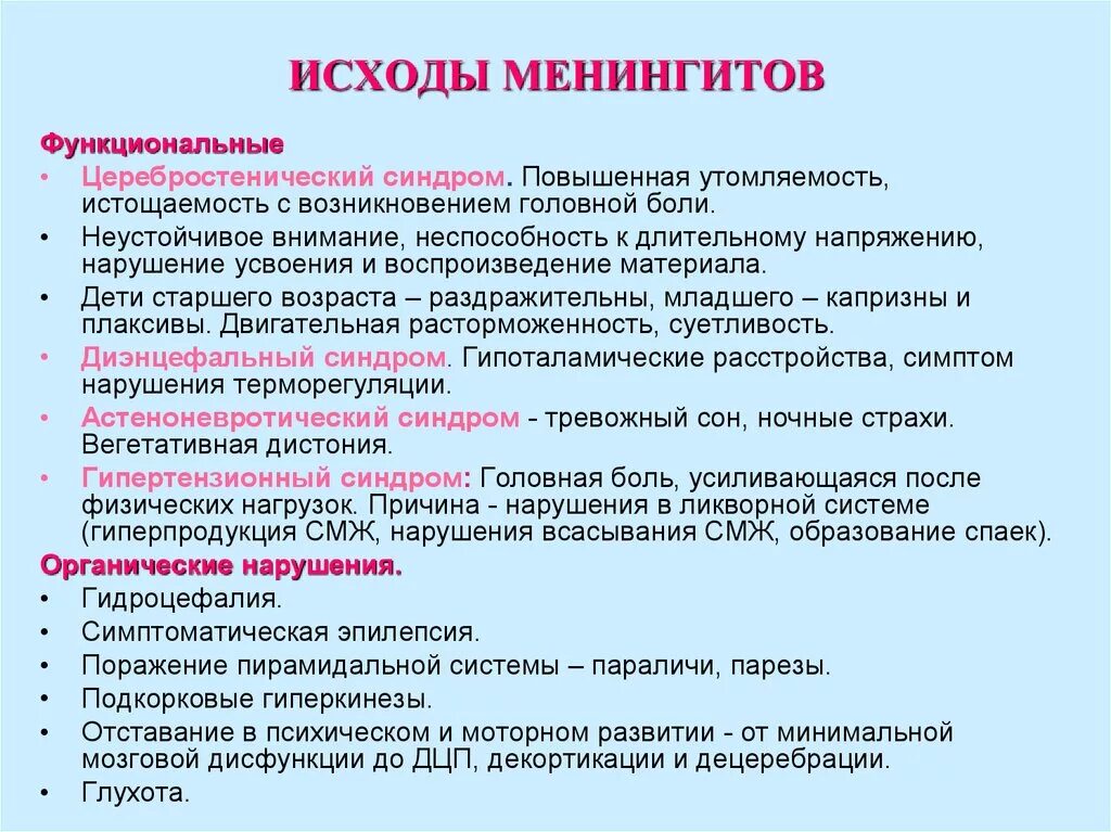 Менингит последствия у взрослых. Гнойный менингит исход. Менингит исход заболевания. Исходы серозного менингита.