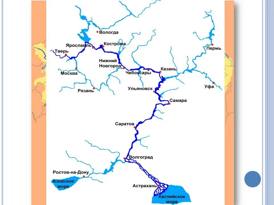 Карта городов расположенных на волге. Схема реки Волга. Река Волга путь на карте. Схема течения реки Волги. Река Волга от истока до устья на карте России.