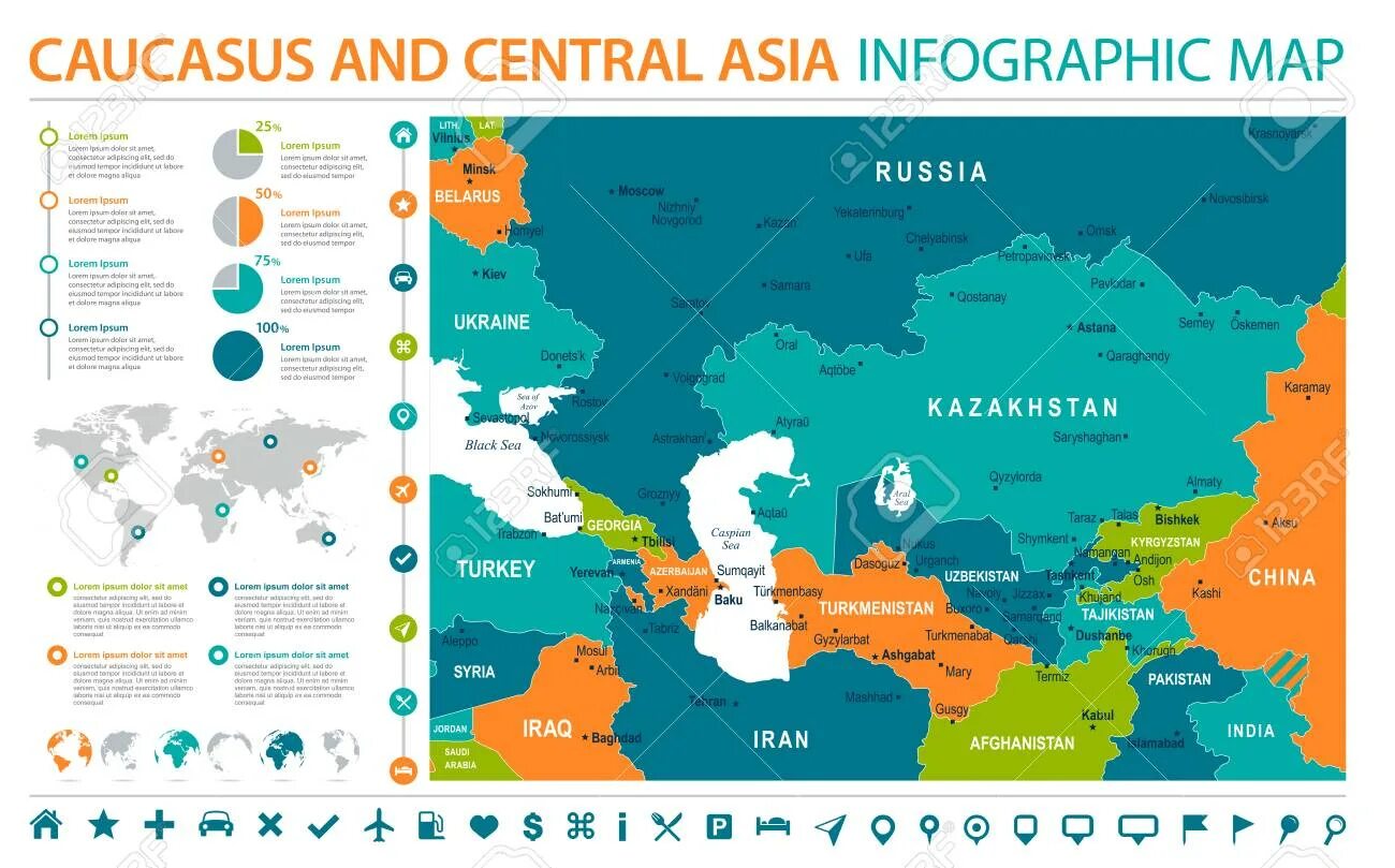 Инфографика средняя Азия. Страны центральной Азии и Кавказ. Центральная Азия и Кавказ на карте. Infographic Central Asia.