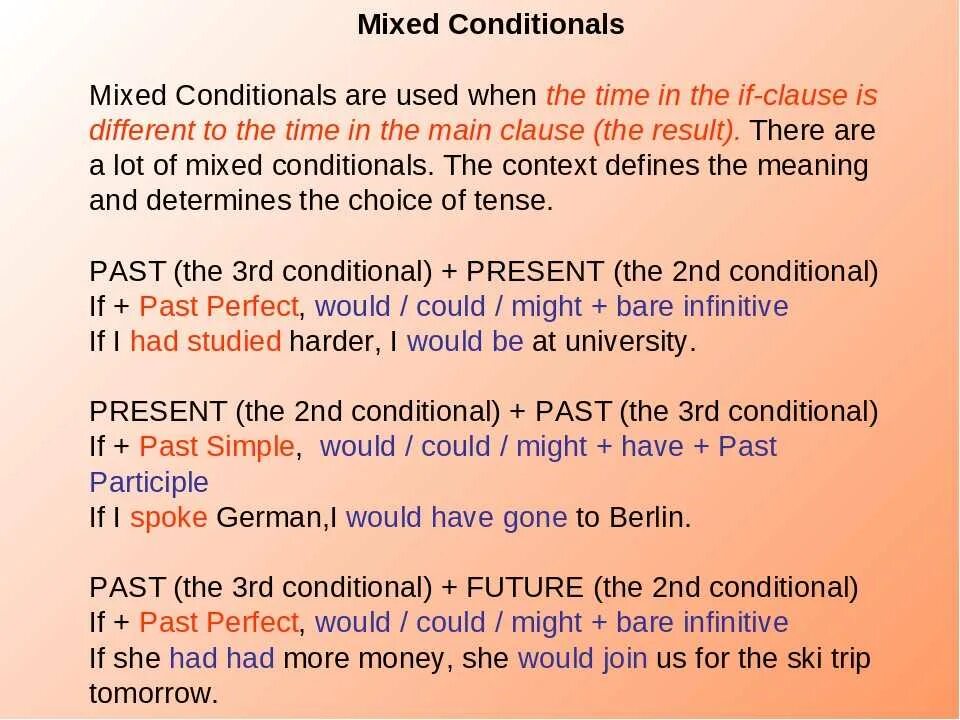 Mixed conditional примеры. Смешанные conditionals в английском. Смешанный Тип условных предложений в английском. Mixed conditionals правило. Conditionals смешанный Тип.