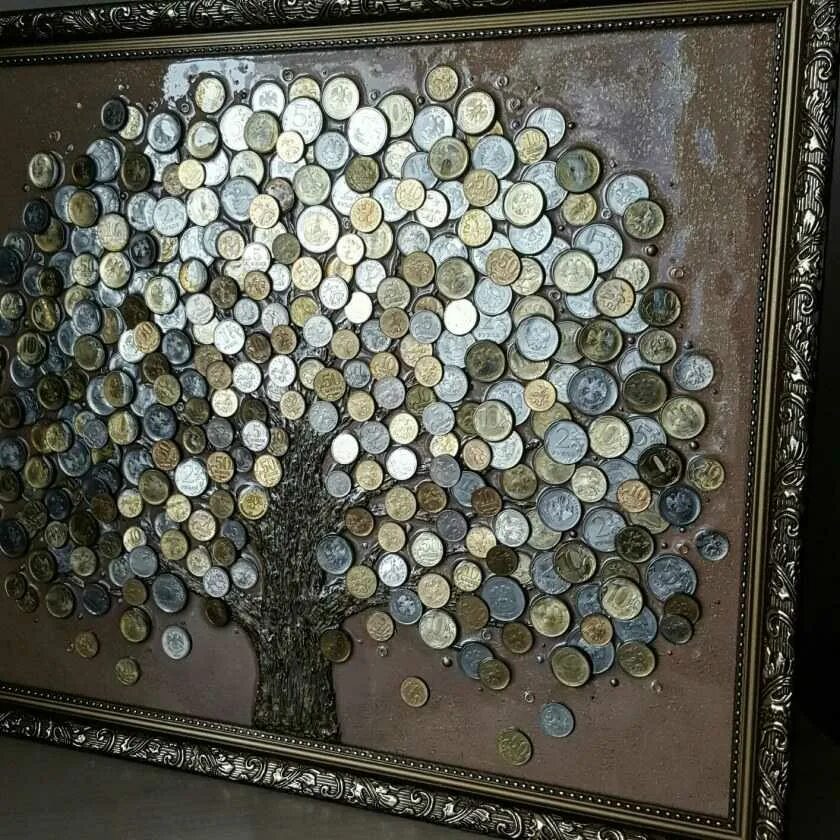 Поделки из монет. Панно из монет. Монеты в декоре. Дерево из монет. Панно дерево из монет.