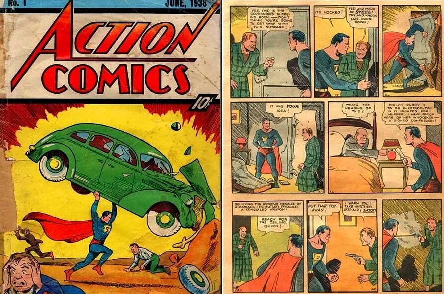 Когда вышел 1 том. Супермена в комиксе Action Comics #1. Супермен 1938 первый выпуск. Самый первый комикс про Супермена. Первый комикс про Супермена 1938.