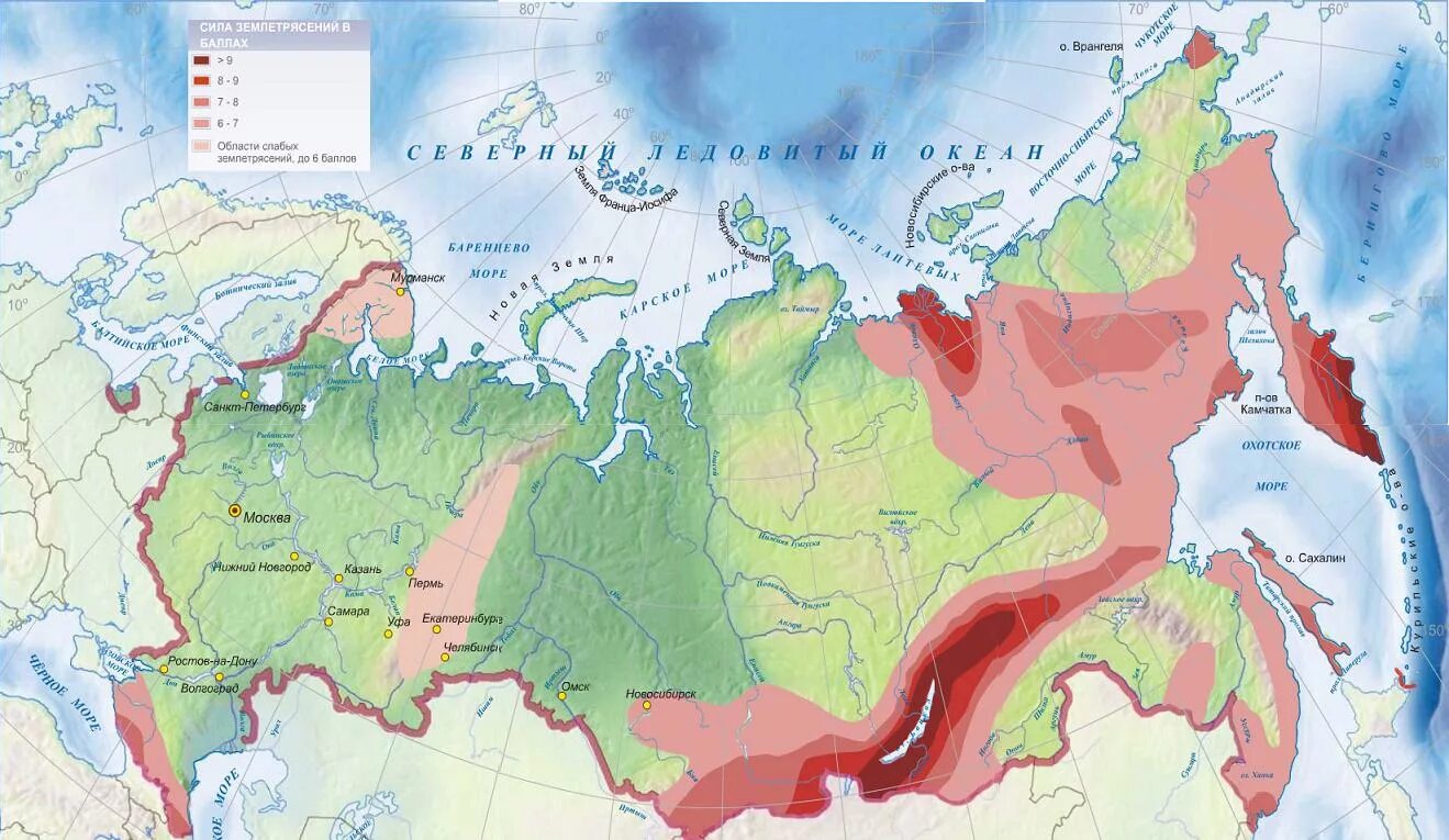 Возможные землетрясения в россии. Землетрясения в России на карте России. Карта сейсмичности территории России. Районы землетрясений в России на карте. Зоны современного вулканизма и землетрясений на карте России.