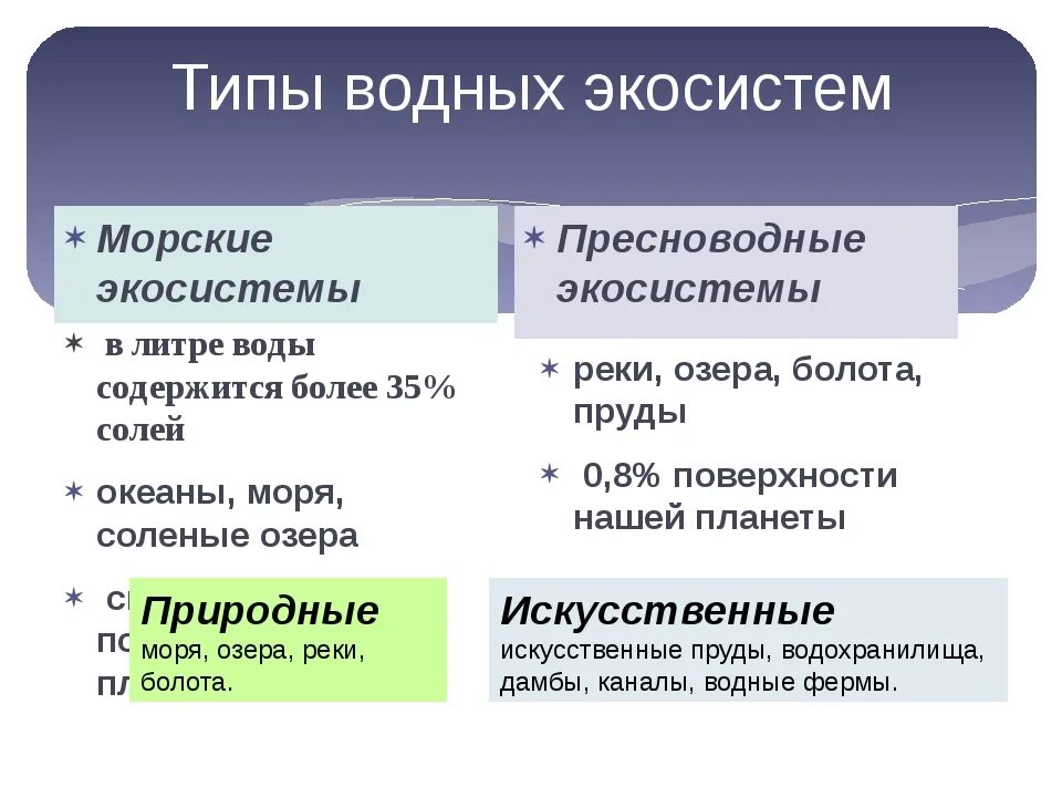 Организация экосистем презентация 9 класс. Таблица "типы водных экосистем". Виды водных экосистем. Основные типы водных экосистем. Водный биогеоценоз виды.