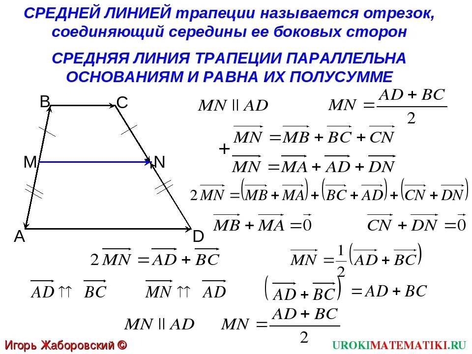 Формула длины средней линии трапеции. Теорема о средней линии трапеции формула.
