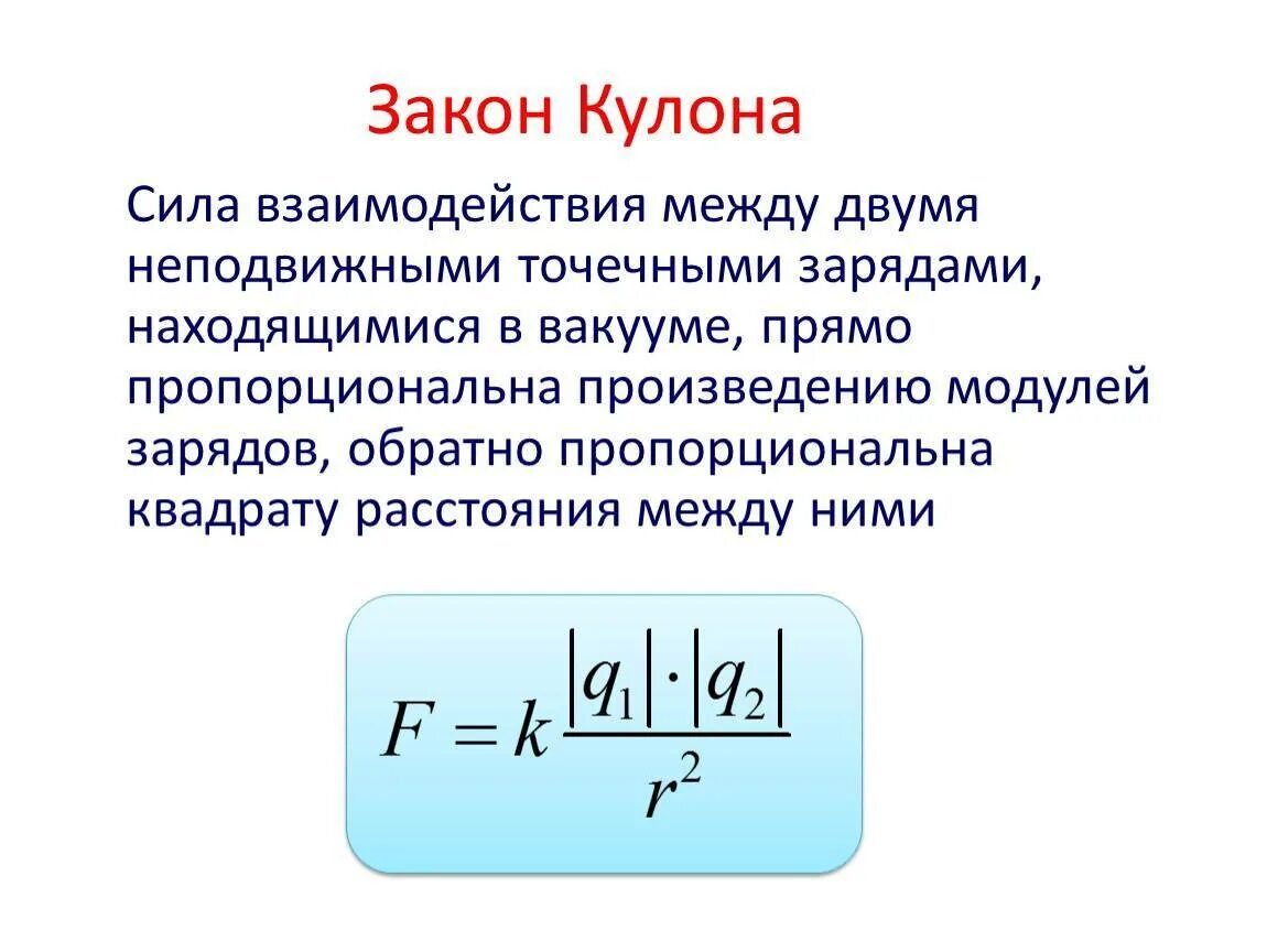 Направления сил взаимодействия зарядов. Формула силы взаимодействия двух точечных зарядов закон кулона. Формула модуль силы взаимодействия точечных зарядов. Закон кулона формула и формулировка. Формула электрического взаимодействия 2 точечных зарядов.