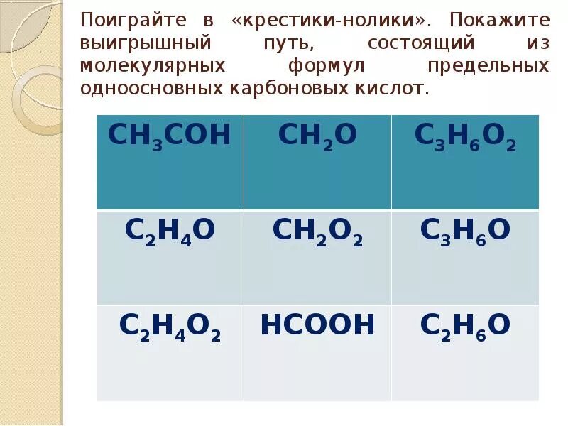 Предельные одноосновные кислоты изомерны. Формула предельной одноосновной карбоновой кислоты. Поиграйте в крестики нолики покажите выигрышный. Выигрышный путь формулы кислот. Поиграйте в крестики нолики покажите выигрышный путь который.