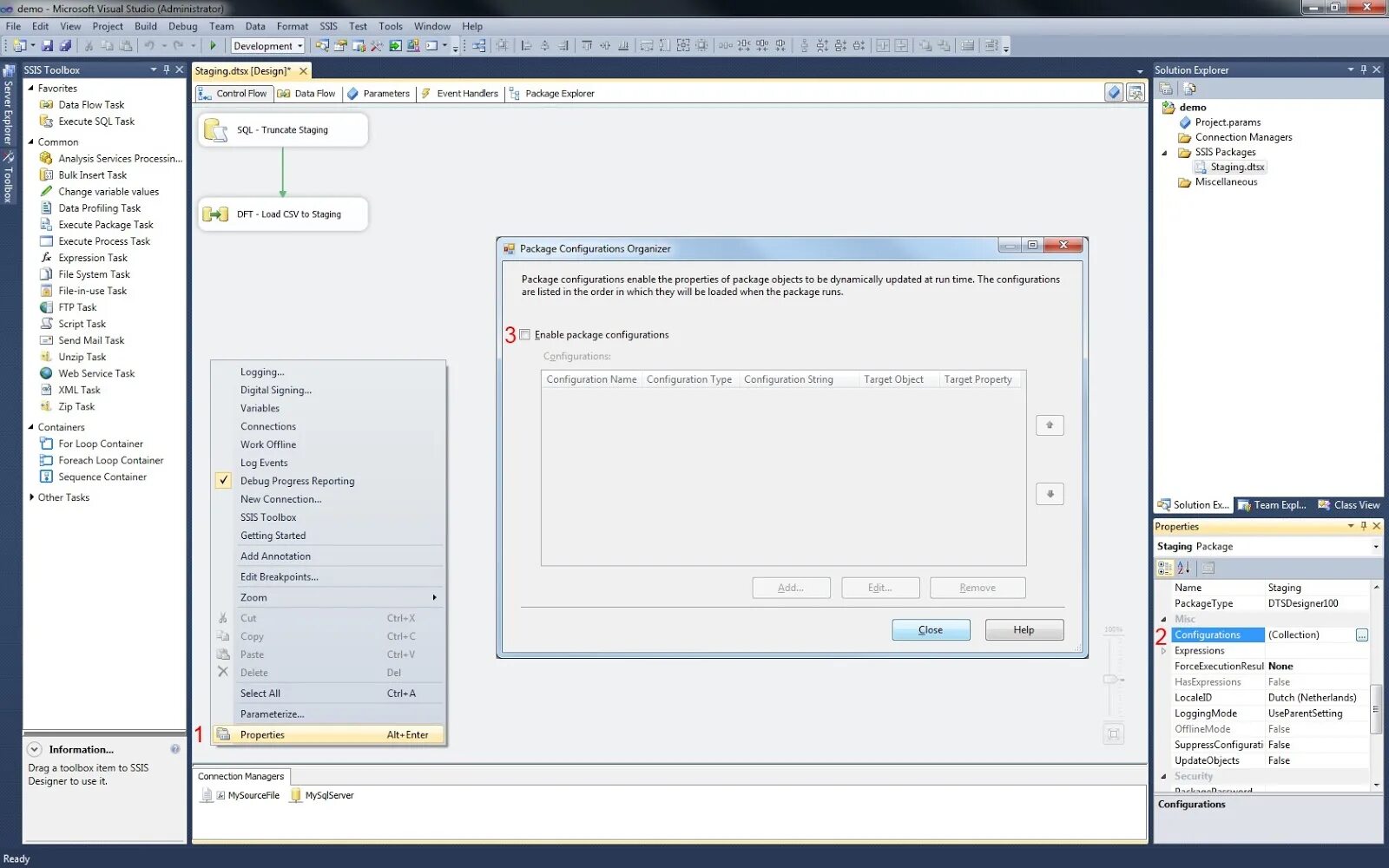 SSIS конфигурация пакетов. SQL Server integration services (SSIS). Открыть package SQL Server 2012. SSIS package configuration where. See the package