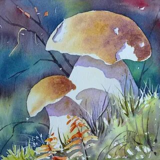 Рисуем грибы акварелью