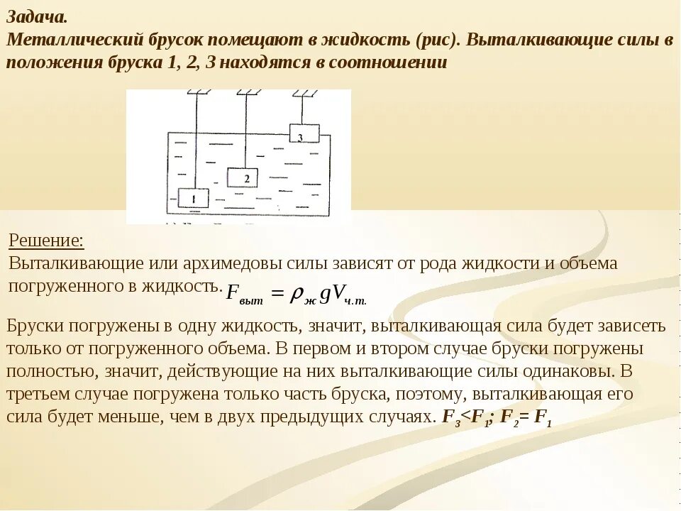 Металлический брусок погрузили в жидкость