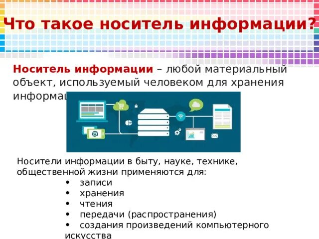 Примеры известных вам носителей информации информатика 7. Материальный объект для хранения информации. носители информации. носители информации это любой материальный объект использующие для.
