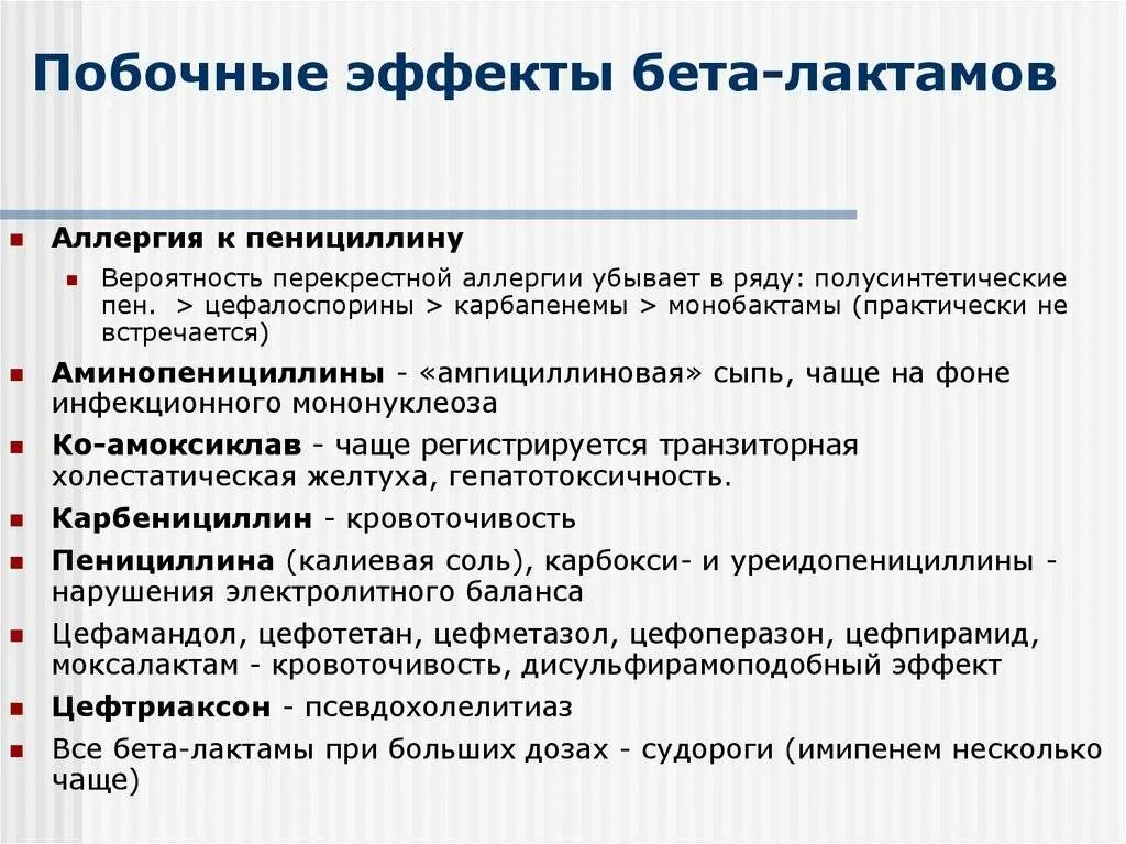 Бета-лактамные антибиотики побочные действия. Побочные действия бета лактамных антибиотиков. Бета лактамы побочные эффекты. Основной побочный эффект бета лактамных антибиотиков. Антибиотики группы бета