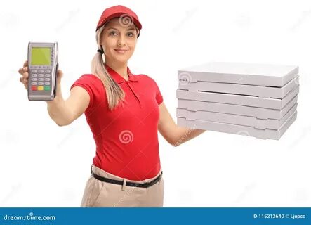 фото около Девушка поставки держа стержень оплаты и стог коробок пиццы изол...