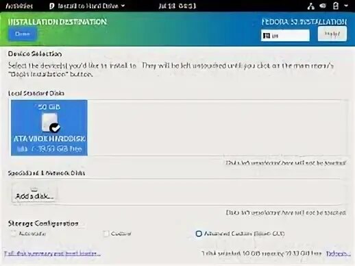 Fedora installer disk mapper. Install destination. Install button. Install button. Fedora installer disk mapper.