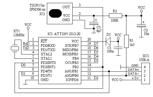 Телефон управление usb. Синтезатор частоты на at90s2313. USB ИК приемник схема. At90s2313 Pi программатор. ИК приемник на микроконтроллере схема.