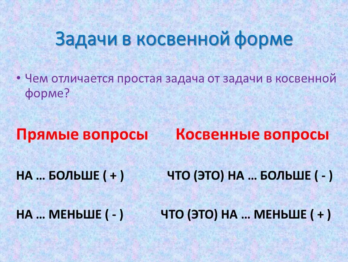 Чем отличается условие. Задачи в косвенной форме. Задачи с косвенными вопросами. Решение задач в косвенной форме 4 класс.