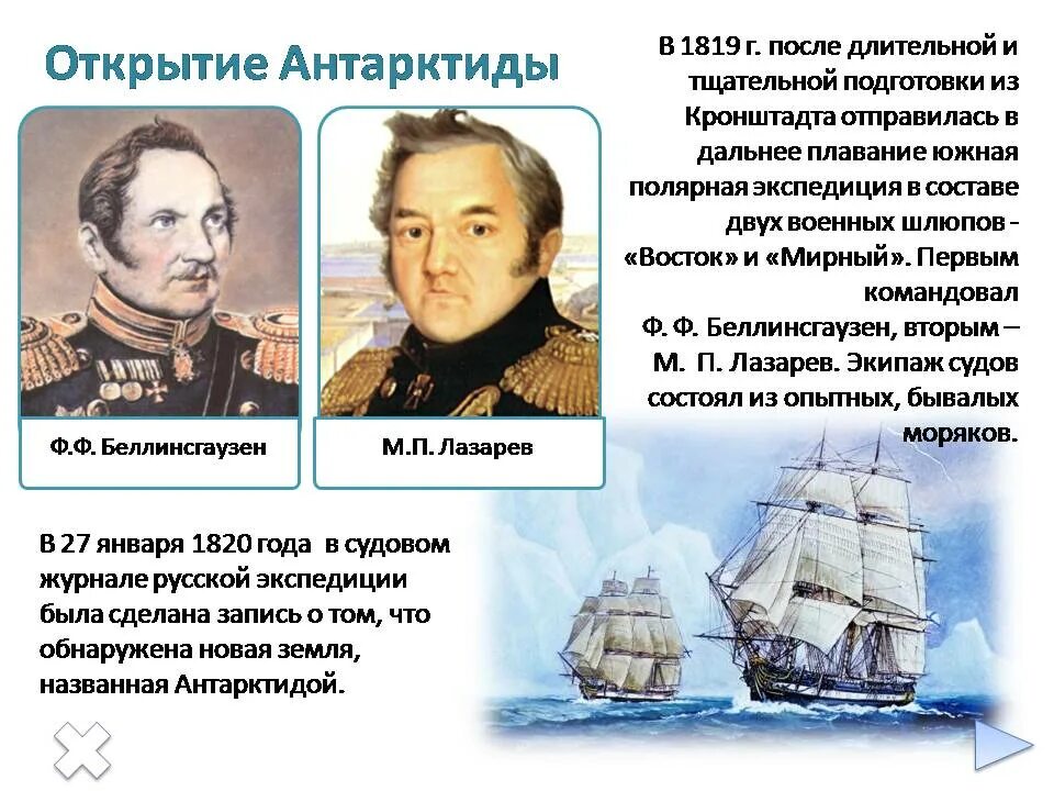 Исследователи южной сибири. Открытие Антарктиды Беллинсгаузеном и Лазаревым. Беллинсгаузен и Лазарев 1820.