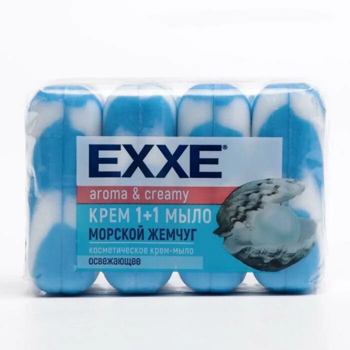 Exxe крем-мыло туалетное 1+1 4*90г морской жемчуг (синее). Туалетное крем-мыло "Exxe" 1+1 "морской жемчуг" 4шт*90г (синее). Exxe туалетное крем-мыло 1+1 "морской жемчуг" 4шт*90г (синее) полосатое/24. Мыло-крем туалетное Exxe 1+1 4х90г (морской жемчуг).