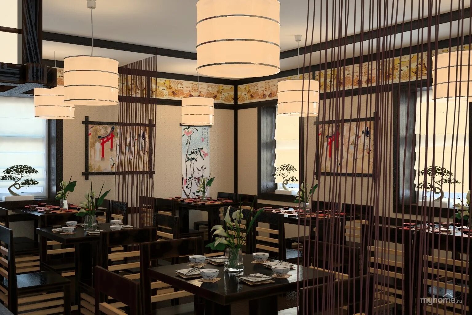 Интерьер ресторана «Моондзун»Япония. Ресторан в японском стиле. Кафе в японском стиле. Японский стиль в интерьере.