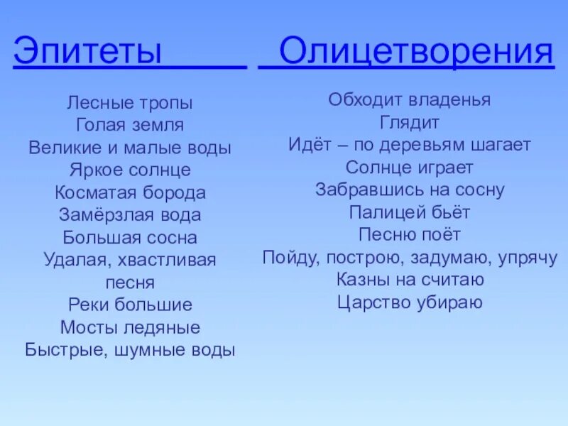 Эпитеты. Эпитеты и олицетворения. Эпитеты в стихотворении встреча зимы. Эпитеты сравнения олицетворения в стихотворении. Сравнение в стихотворении вечер