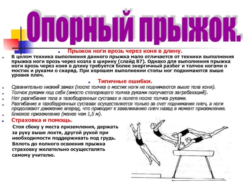 Техника выполнения прыжка ноги врозь. Техника опорного прыжка через козла ноги врозь. Техника выполнения опорного прыжка через гимнастического коня. Техника прыжка ноги врозь через козла в ширину. Техника прыжка через козла кратко.