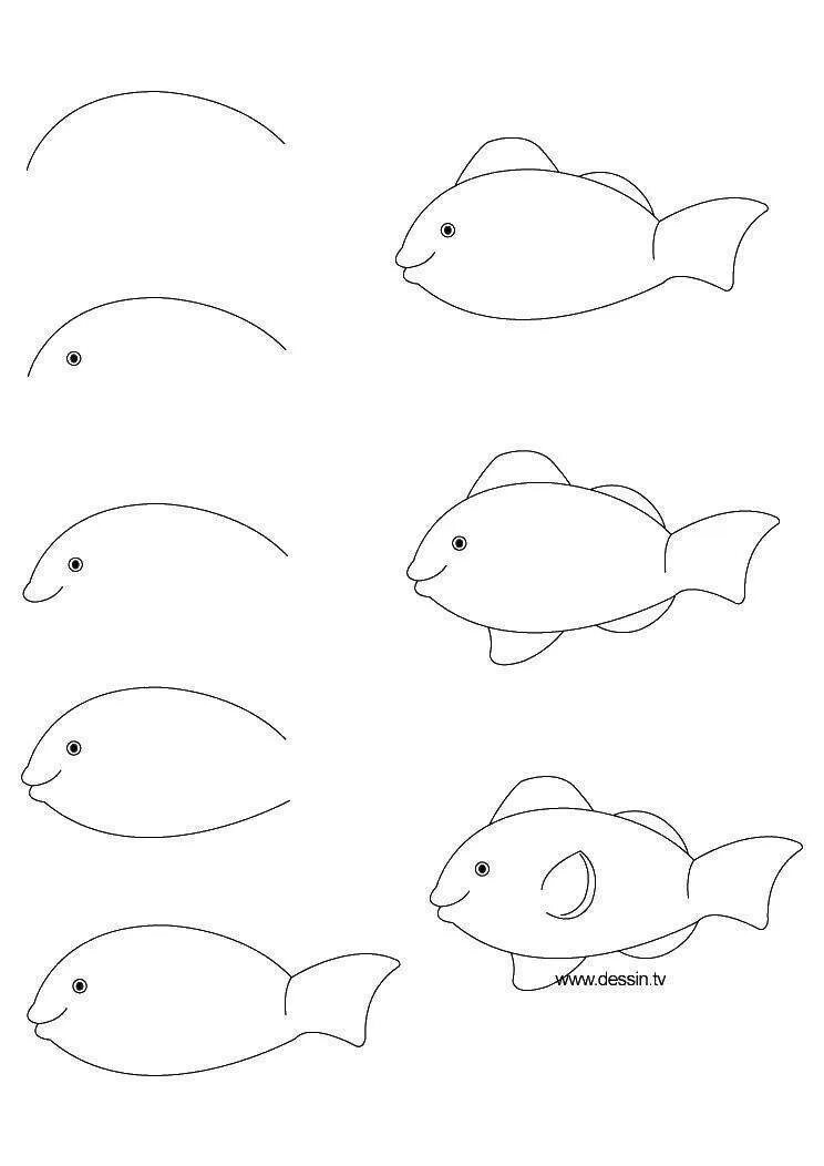 Поэтапное рисование рыбки. Этапы рисования рыбки. Рисование для детей рыбы. Рыбка карандашом для детей. Нарисовать рисунок рыбу