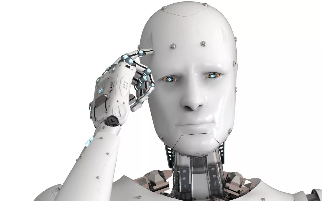 Инновационные технологии искусственного интеллекта. Искусственный интеллект. Робот с искусственным интеллектом. Искусственный интеллект на белом фоне. Удивленный робот.