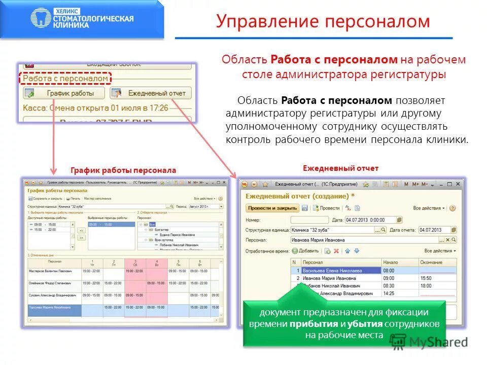 Область работ 5. Отчет администратора в медицинском центре. Скрипты для регистратуры поликлиники. График работы для управления персоналом. Области работы.