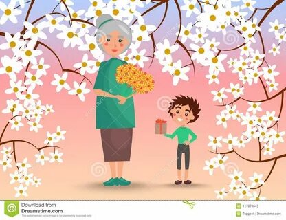 Grandmother With Grandson Surrounded With Flowers Stock Vector - Illustrati...