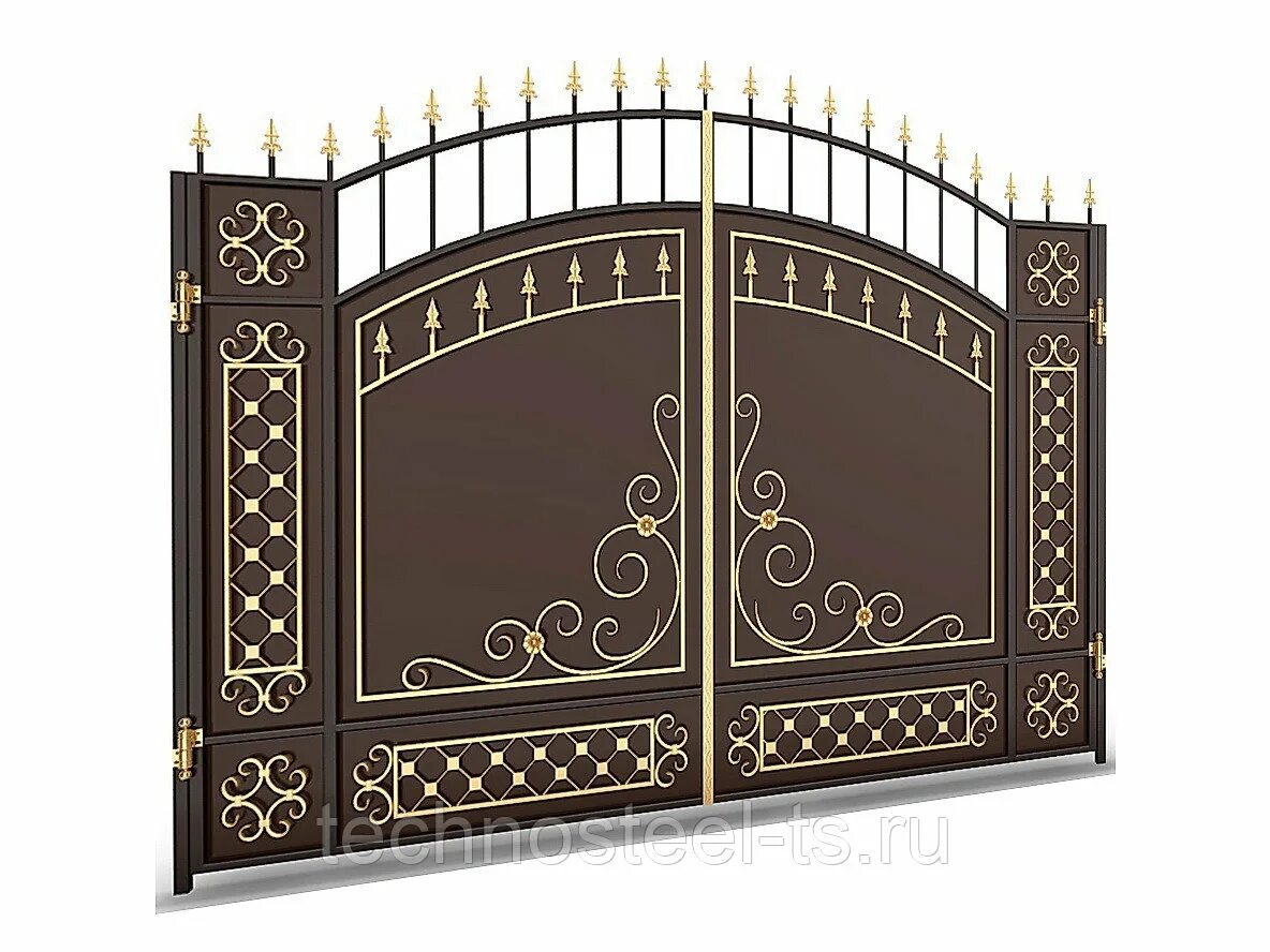 Кованые ворота Ишеева. Кованые откатные ворота. Ворота коричневые с золотом. Ажурные ворота.