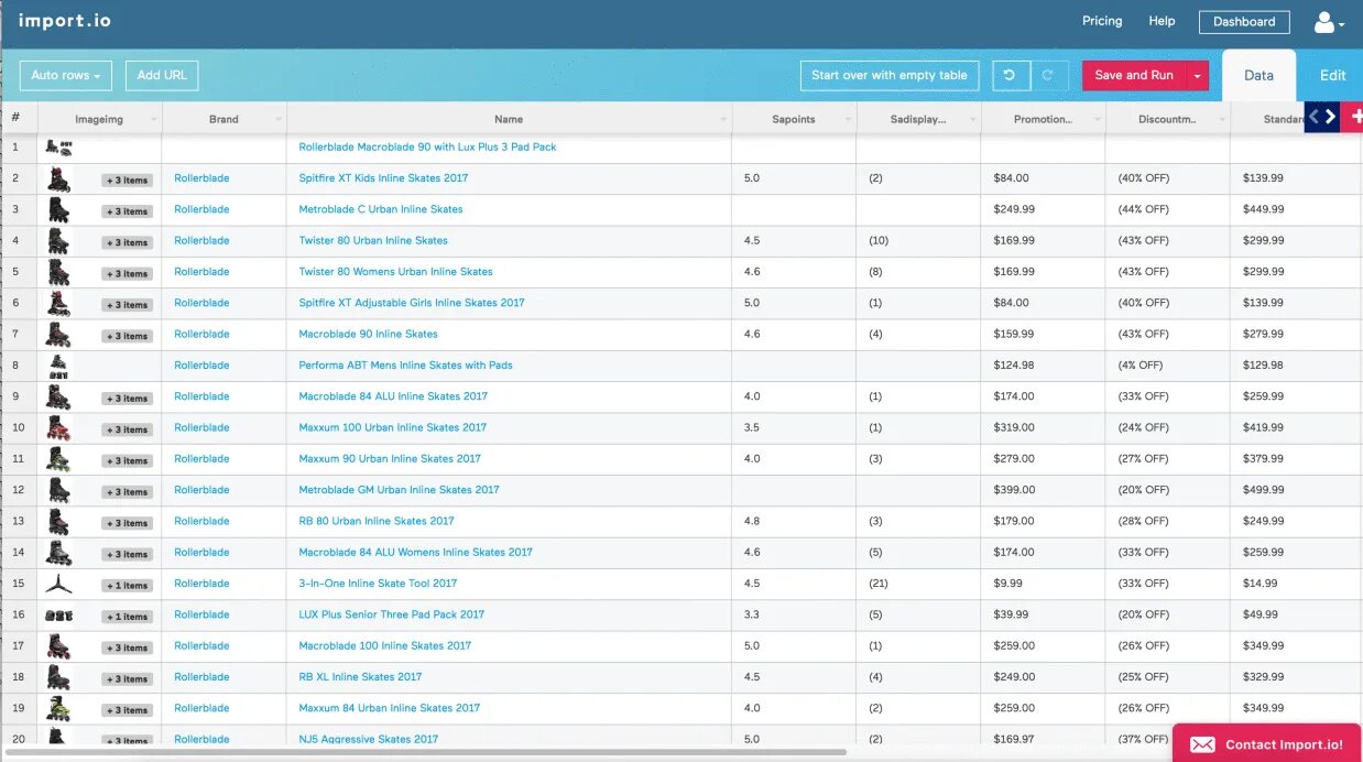 Import results. Import.io. Интерфейс Import io. Контакты io. Import io example Results.