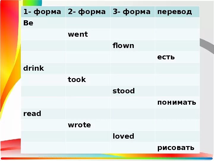 Took 1 форма. Вторая форма go. go 3 формы. take вторая форма. go в третьей форме.