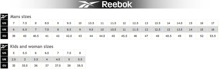 Uk 4 6. Размерная сетка кроссовок Reebok мужские. Reebok кроссовки мужские Размерная сетка. Reebok Размерная сетка женской обуви. Кроссовки Reebok детские Размерная сетка.